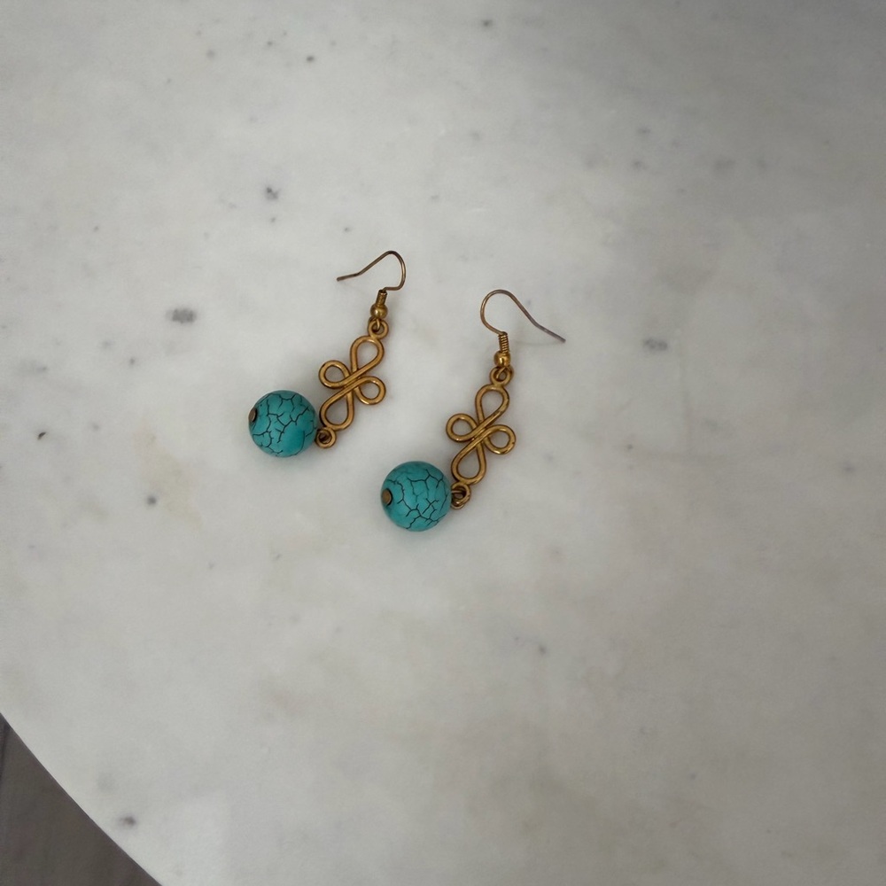Turquoise Bead Gold-Accent Dangle Earrings - Women Jewelry